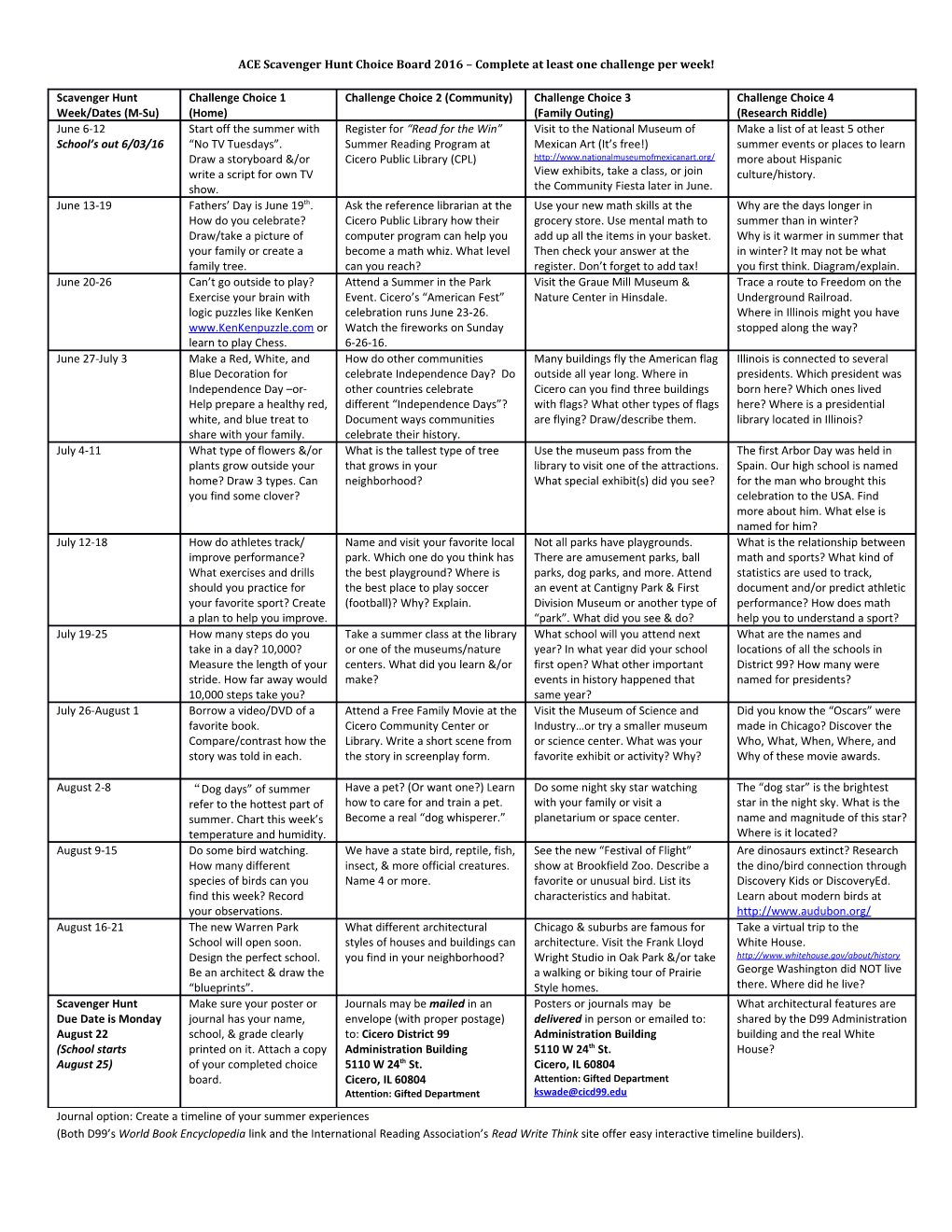 ACE Scavenger Hunt Choice Board 2016 Complete at Least One Challenge Per Week! s1