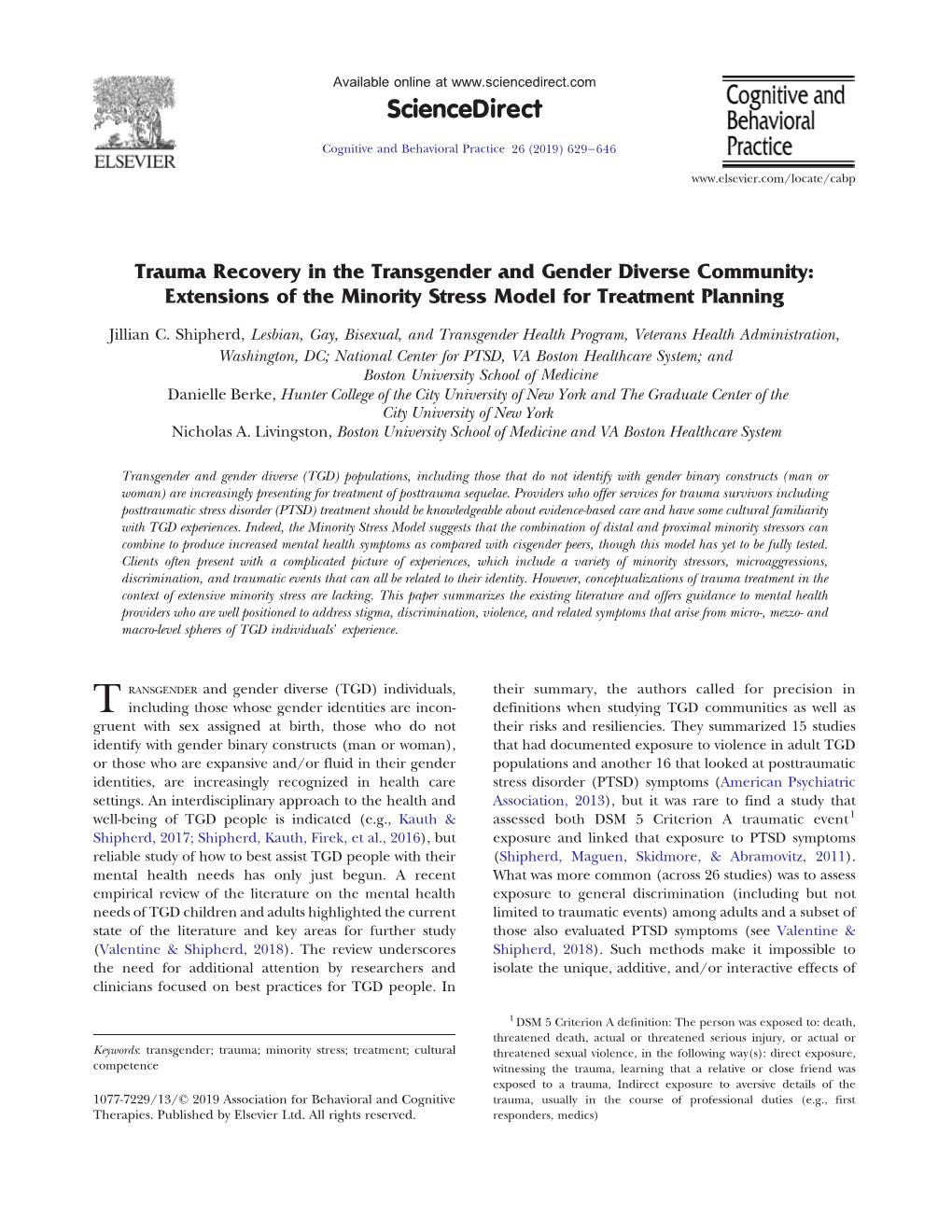 Trauma Recovery in the Transgender and Gender Diverse Community: Extensions of the Minority Stress Model for Treatment Planning