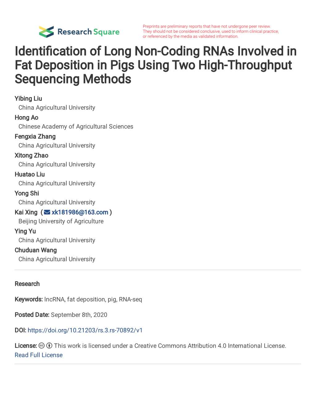 Identification of Long Non-Coding Rnas Involved in Fat Deposition in Pigs