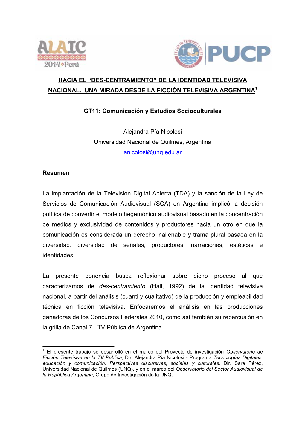 De La Identidad Televisiva Nacional. Una Mirada Desde La Ficción Televisiva Argentina1