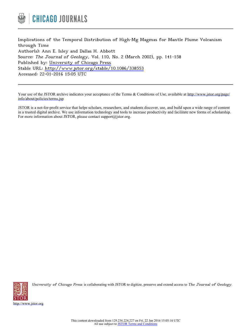 Implications of the Temporal Distribution of High‐Mg Magmas for Mantle Plume Volcanism Through Time Author(S): Ann E