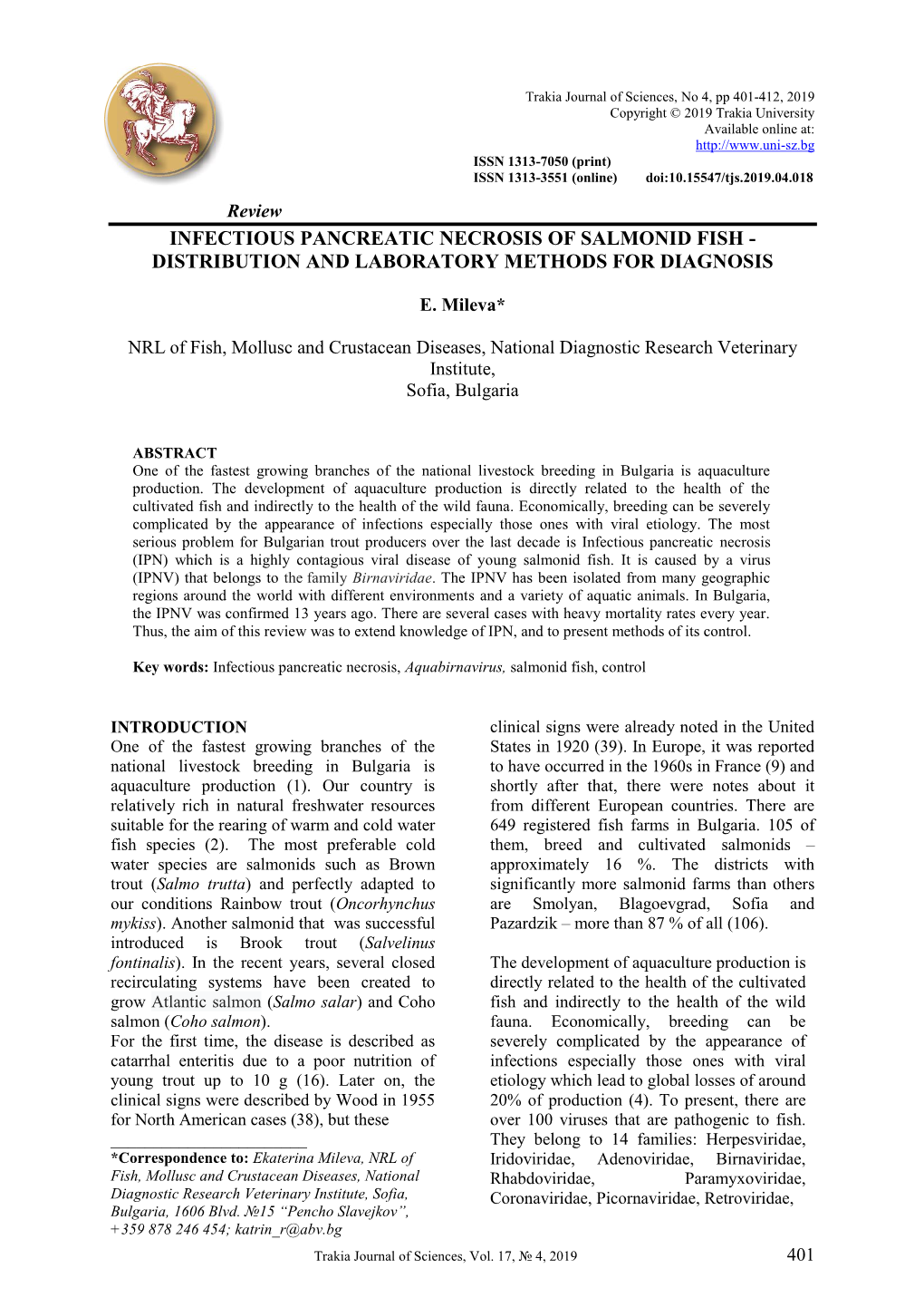 Infectious Pancreatic Necrosis of Salmonid Fish - Distribution and Laboratory Methods for Diagnosis