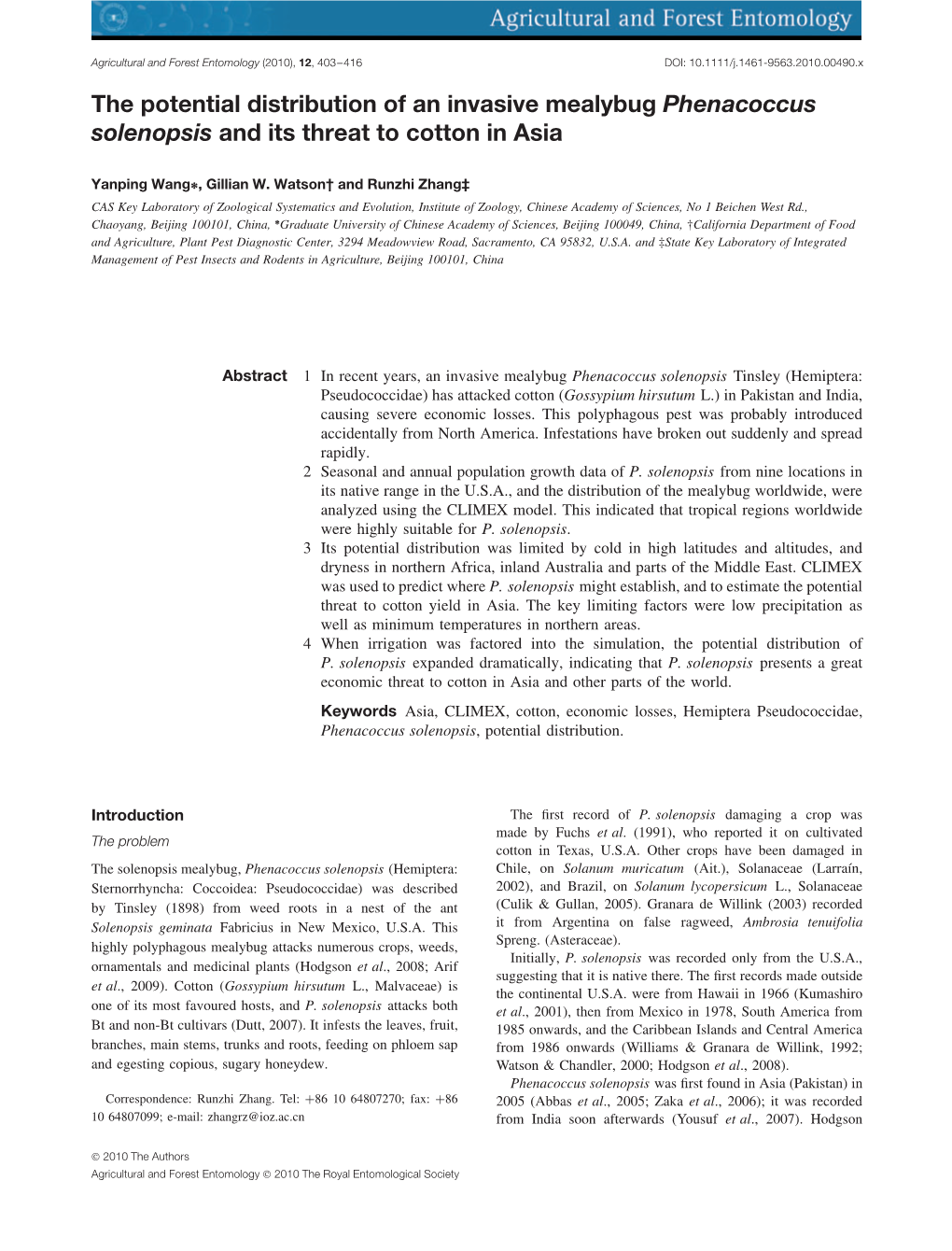 The Potential Distribution of an Invasive Mealybug Phenacoccus Solenopsis and Its Threat to Cotton in Asia