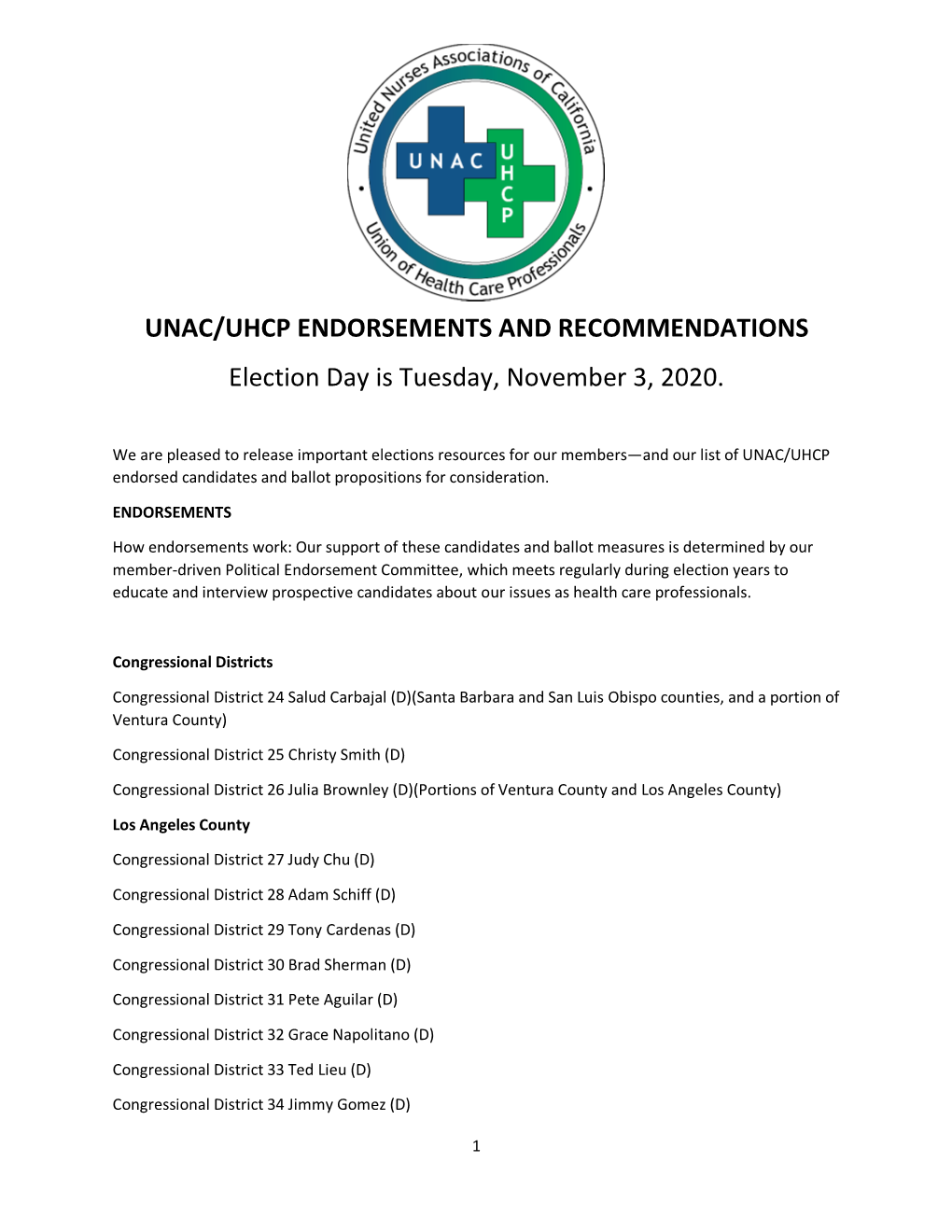 UNAC/UHCP ENDORSEMENTS and RECOMMENDATIONS Election Day Is Tuesday, November 3, 2020