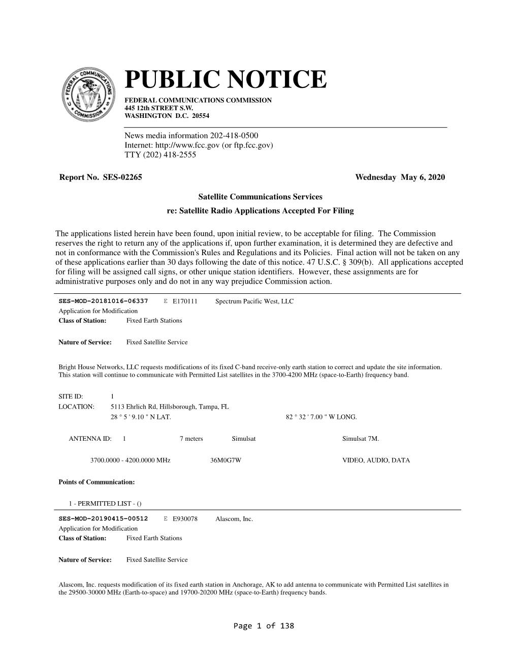 PUBLIC NOTICE FEDERAL COMMUNICATIONS COMMISSION 445 12Th STREET S.W