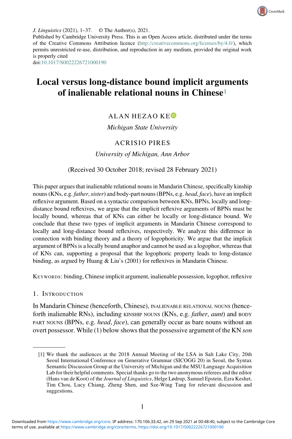 Local Versus Long-Distance Bound Implicit Arguments of Inalienable Relational Nouns in Chinese1