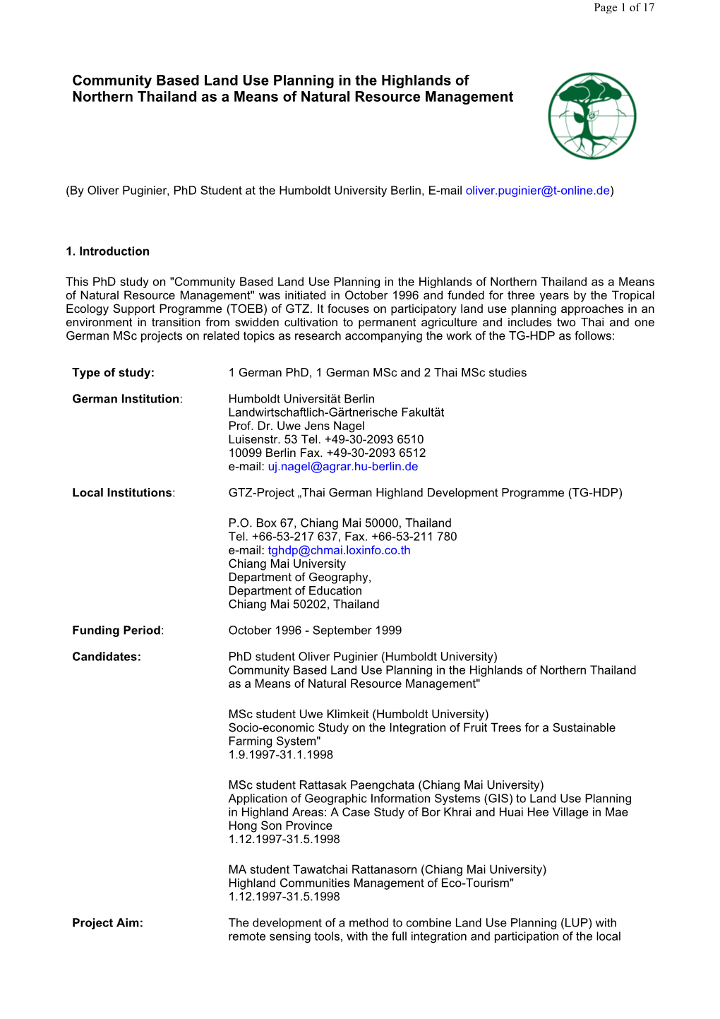 Community Based Land Use Planning in the Highlands of Northern Thailand As a Means of Natural Resource Management