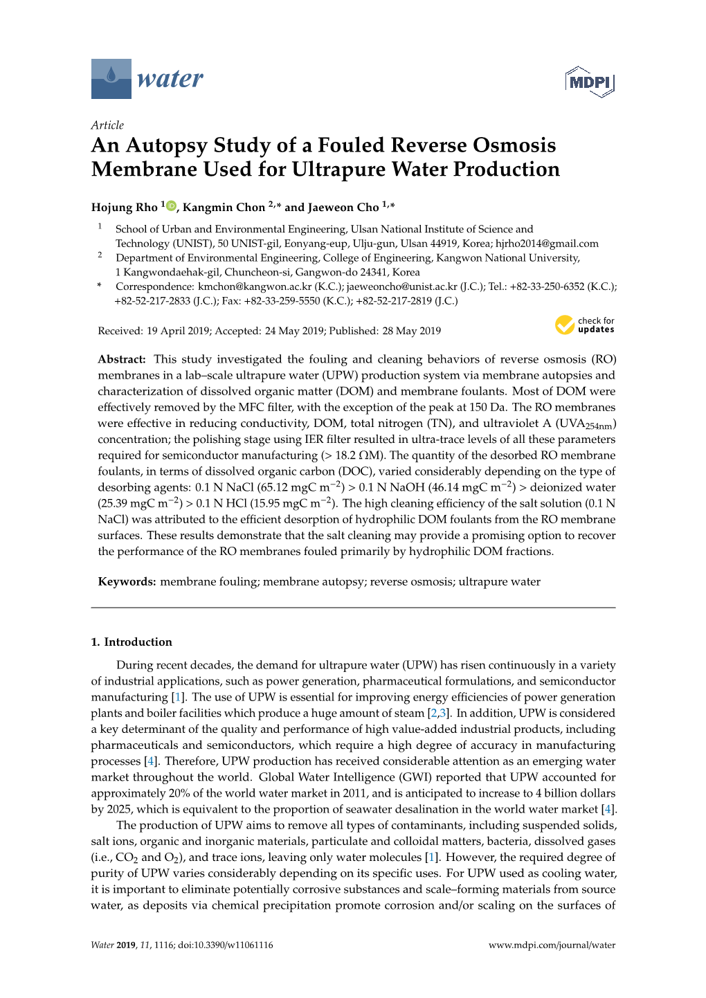 An Autopsy Study of a Fouled Reverse Osmosis Membrane Used for Ultrapure Water Production