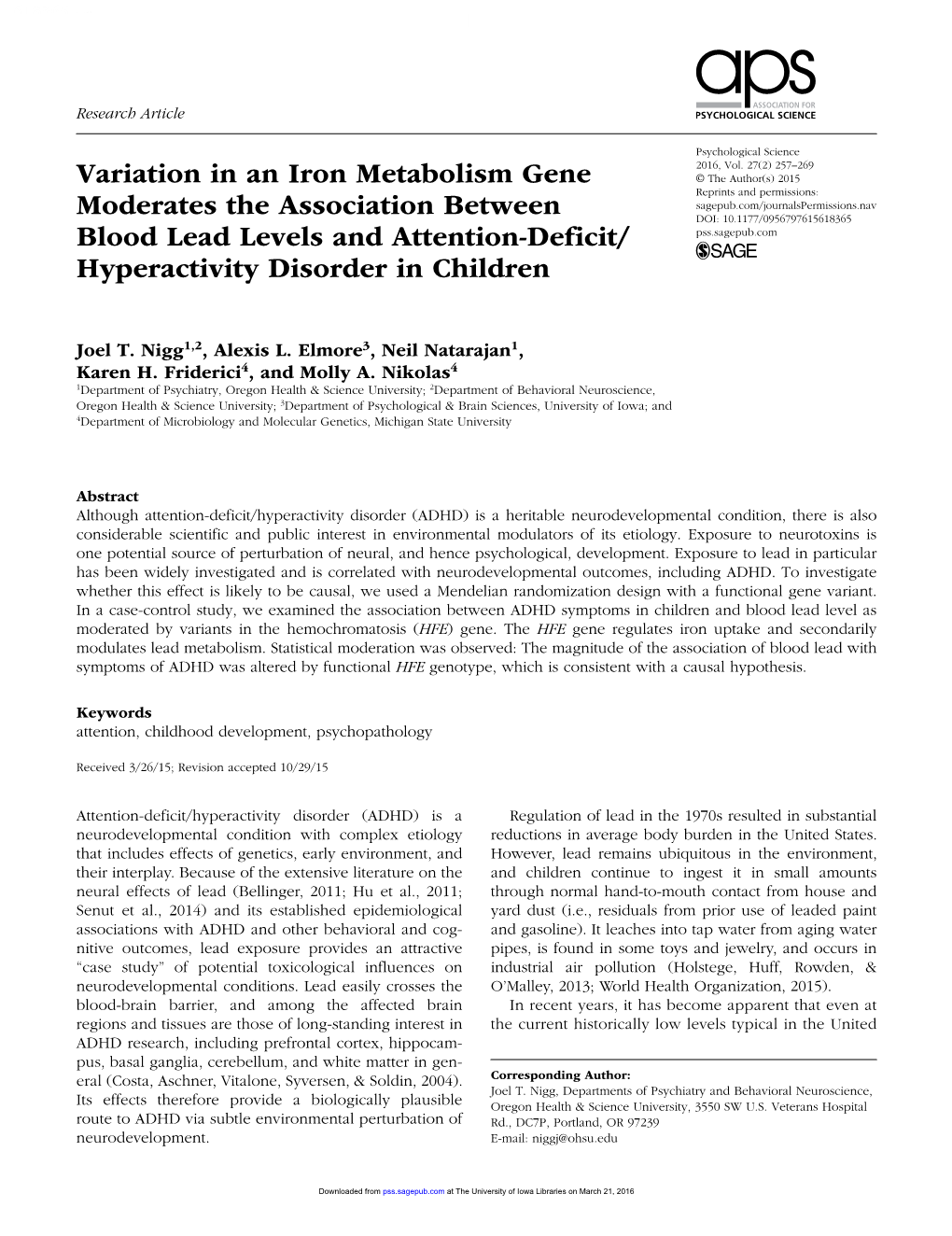 Variation in an Iron Metabolism Gene Moderates the Association Between