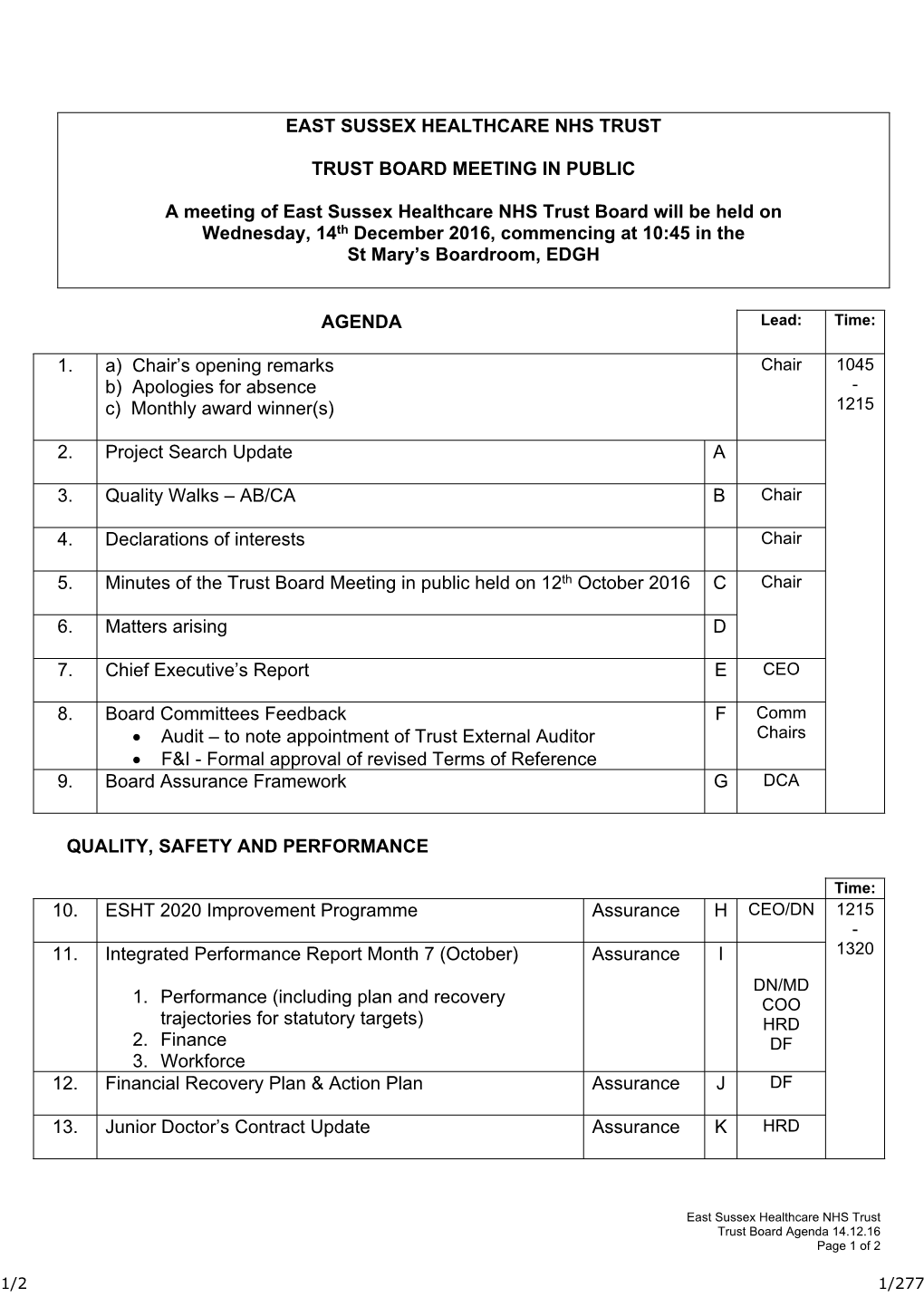 14Th December 2016 – Trust Board Agenda Papers