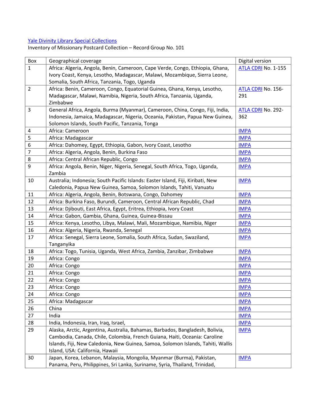 Yale Divinity Library Special Collections Inventory of Missionary Postcard Collection – Record Group No