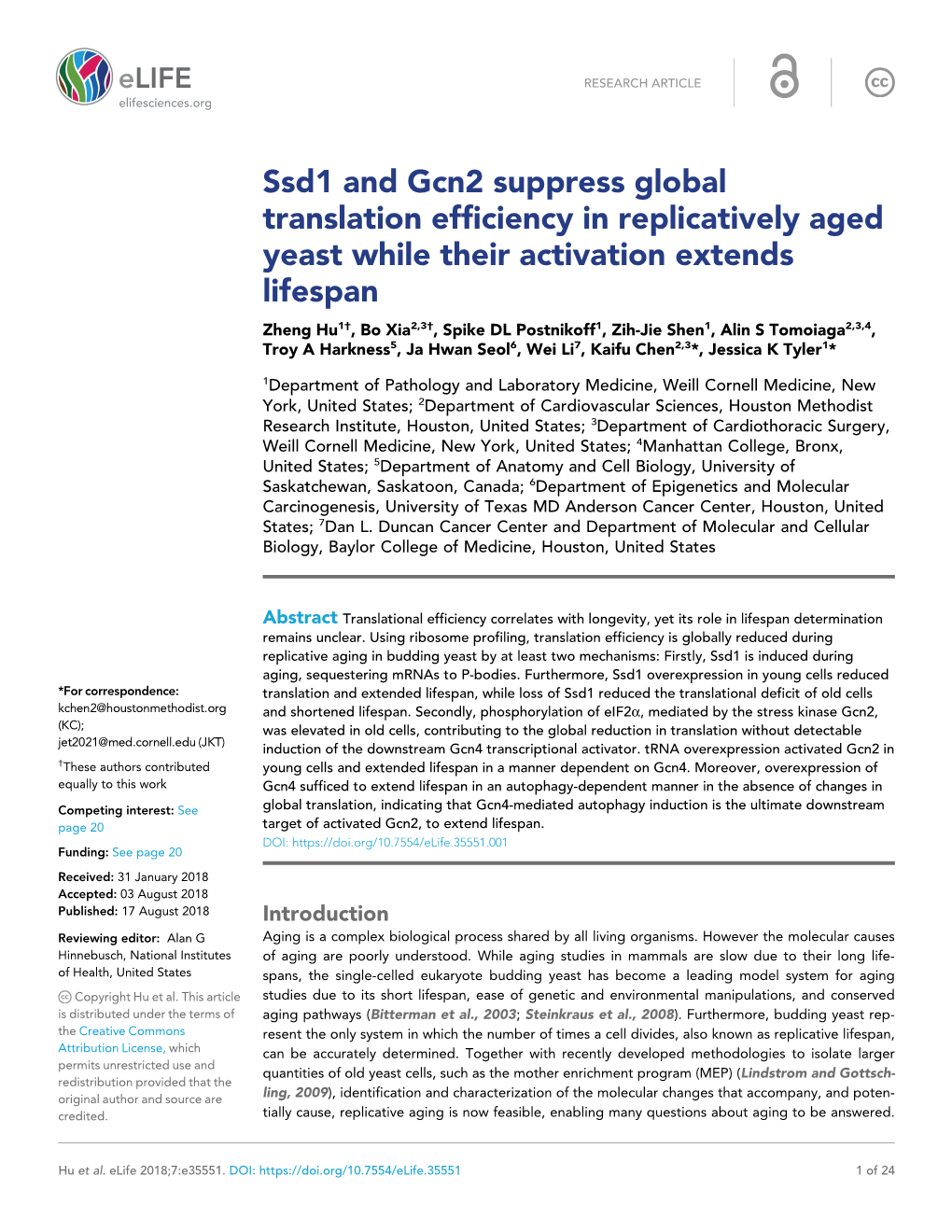 Ssd1 and Gcn2 Suppress Global Translation Efficiency in Replicatively Aged Yeast While Their Activation Extends Lifespan