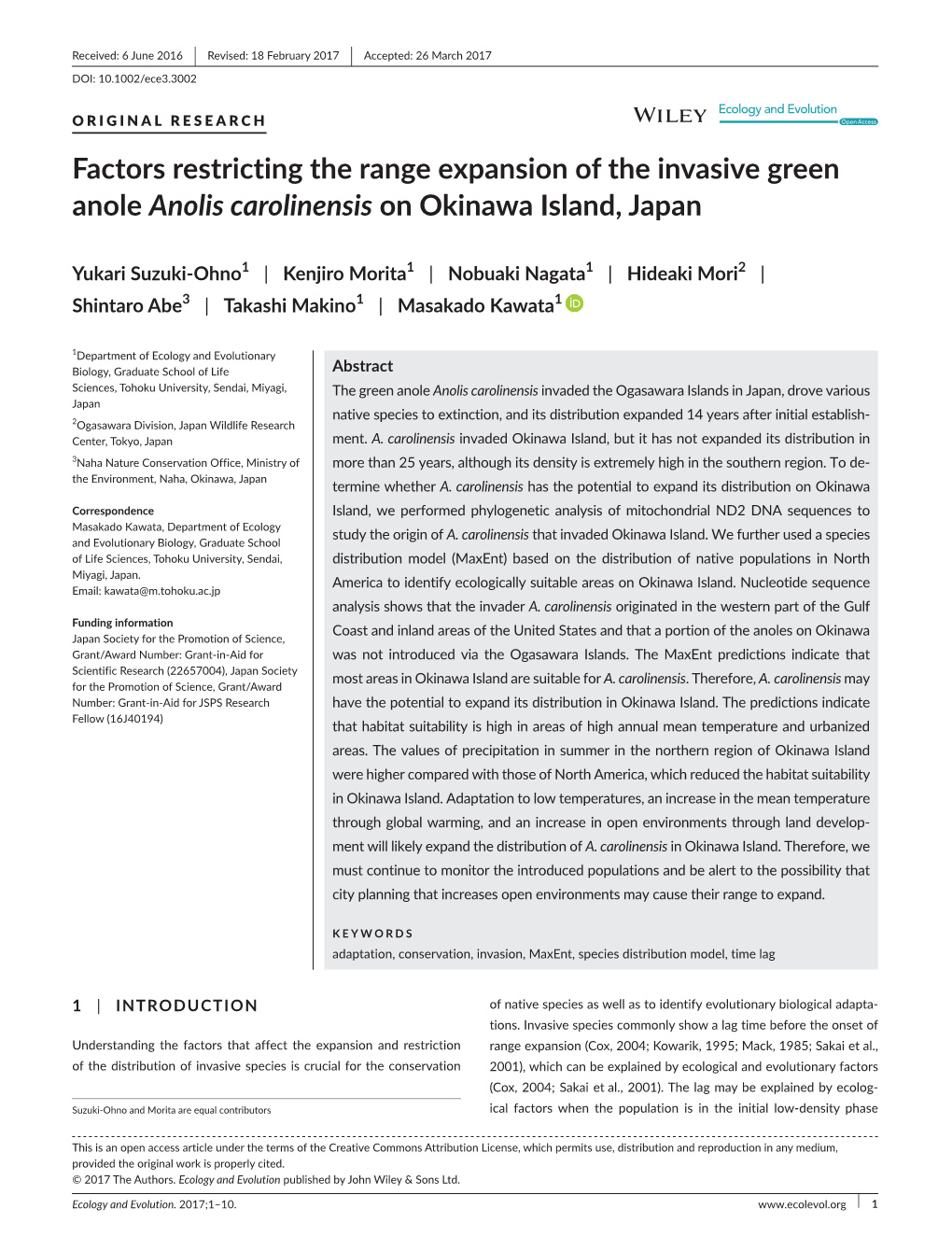 Factors Restricting the Range Expansion of the Invasive Green Anole Anolis Carolinensis on Okinawa Island, Japan