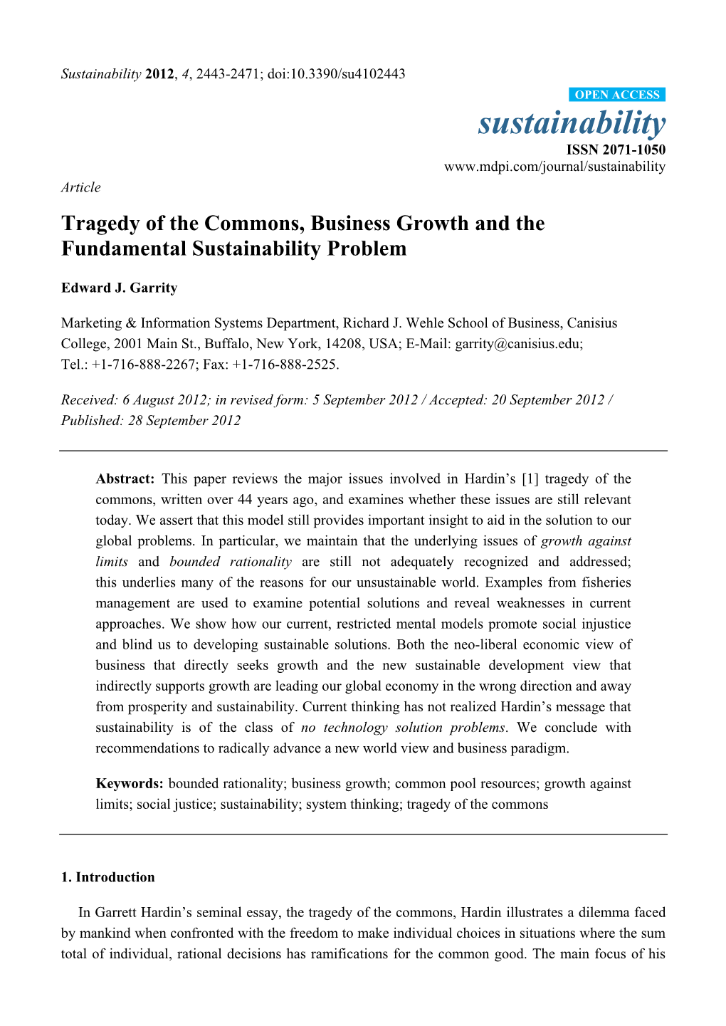 Tragedy of the Commons, Business Growth and the Fundamental Sustainability Problem