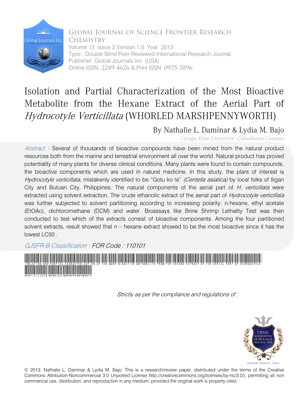 Isolation and Partial Characterization of the Most Bioactive Metabolite