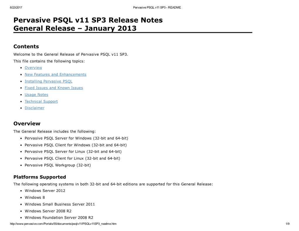 Pervasive PSQL V11 SP3 Release Notes General Release – January 2013