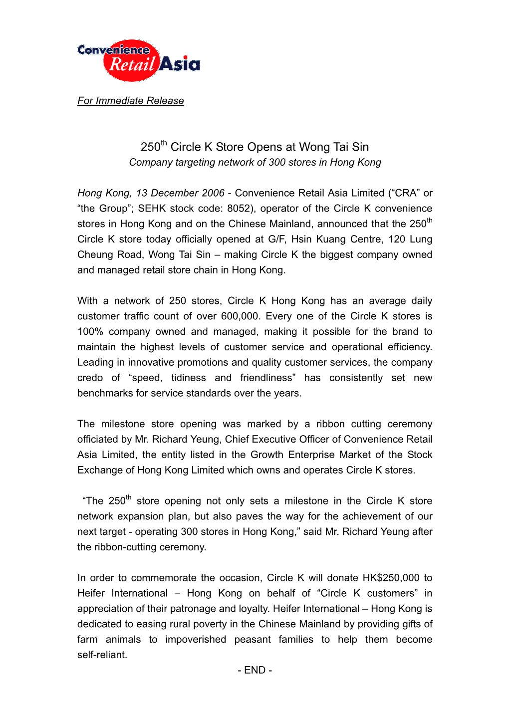250Th Circle K Store Opens at Wong Tai Sin Company Targeting Network of 300 Stores in Hong Kong