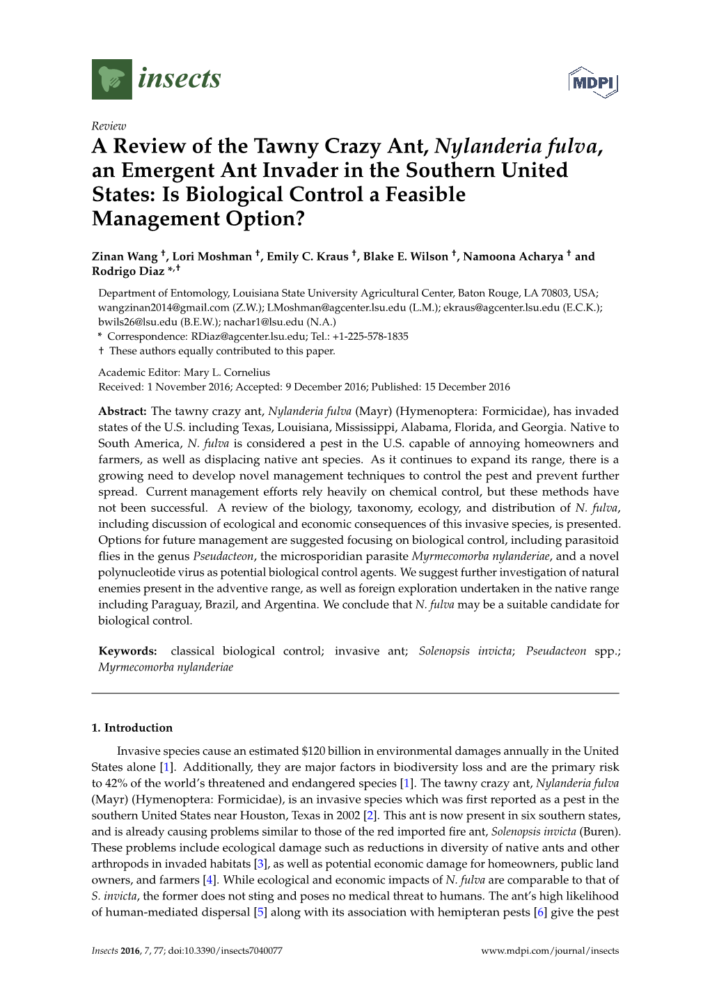 A Review of the Tawny Crazy Ant, Nylanderia Fulva, an Emergent Ant Invader in the Southern United States: Is Biological Control a Feasible Management Option?