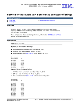 Service Withdrawal: IBM Servicepac Selected Offerings