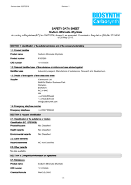 SAFETY DATA SHEET Sodium Dithionate Dihydrate According to Regulation (EC) No 1907/2006, Annex II, As Amended