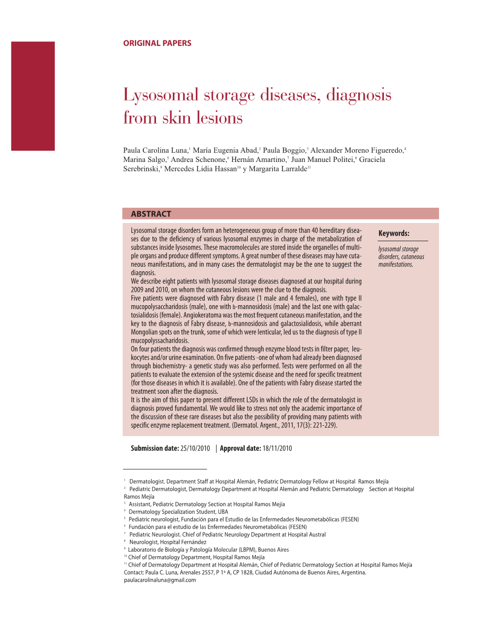 Lysosomal Storage Diseases, Diagnosis from Skin Lesions