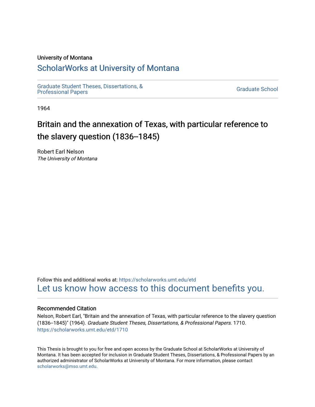 Britain and the Annexation of Texas, with Particular Reference to the Slavery Question (1836--1845)