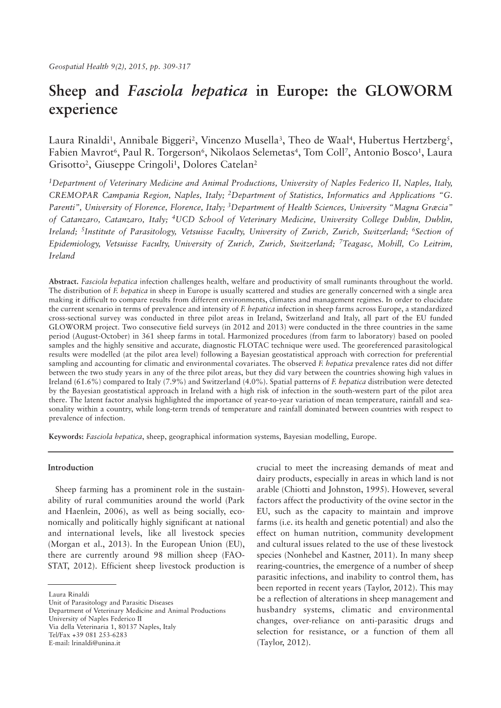 'Sheep and Fasciola Hepatica in Europe: the GLOWORM Experience'