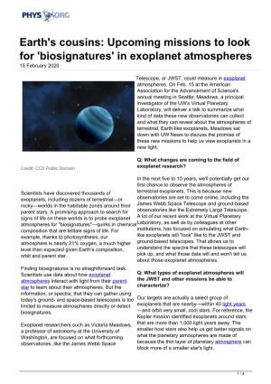 Earth's Cousins: Upcoming Missions to Look for 'Biosignatures' in Exoplanet Atmospheres 15 February 2020