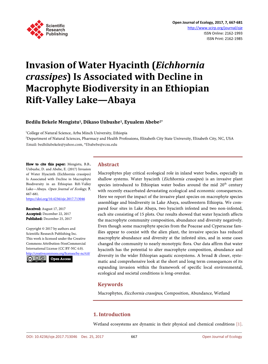 Invasion of Water Hyacinth (Eichhornia Crassipes) Is Associated with Decline in Macrophyte Biodiversity in an Ethiopian Rift-Valley Lake—Abaya