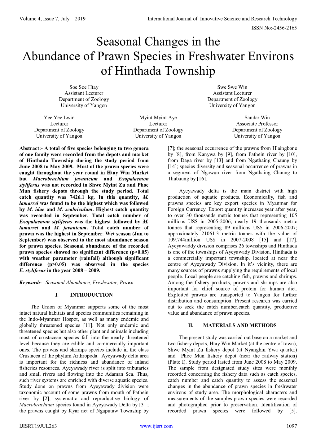 Seasonal Changes in the Abundance of Prawn Species in Freshwater Environs of Hinthada Township