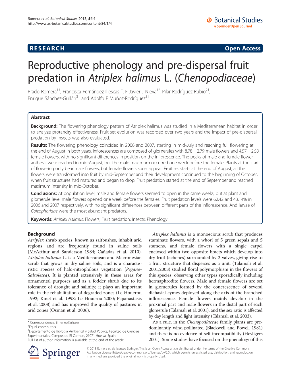 Reproductive Phenology and Pre-Dispersal Fruit Predation in Atriplex Halimus L