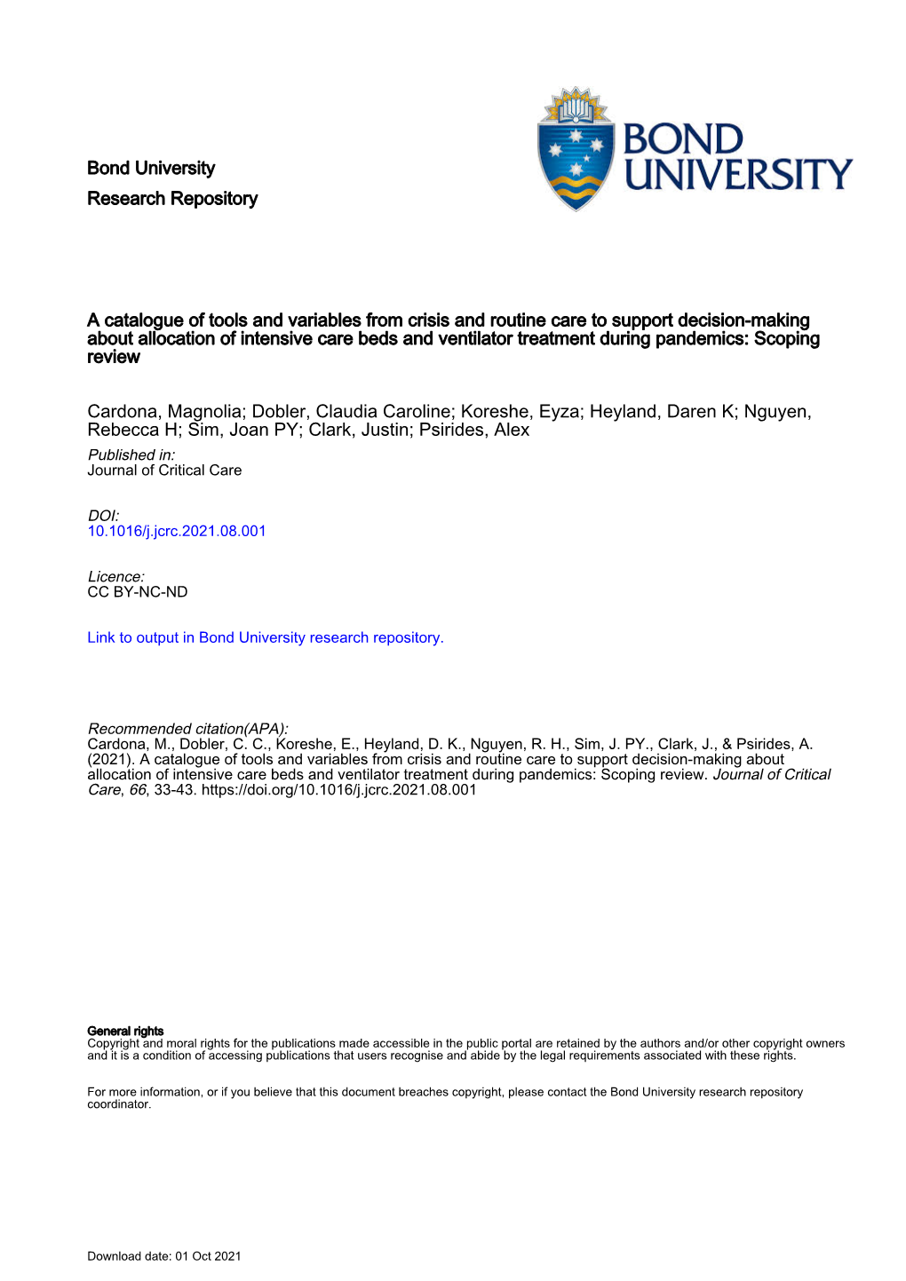 A Catalogue of Tools and Variables from Crisis and Routine Care To