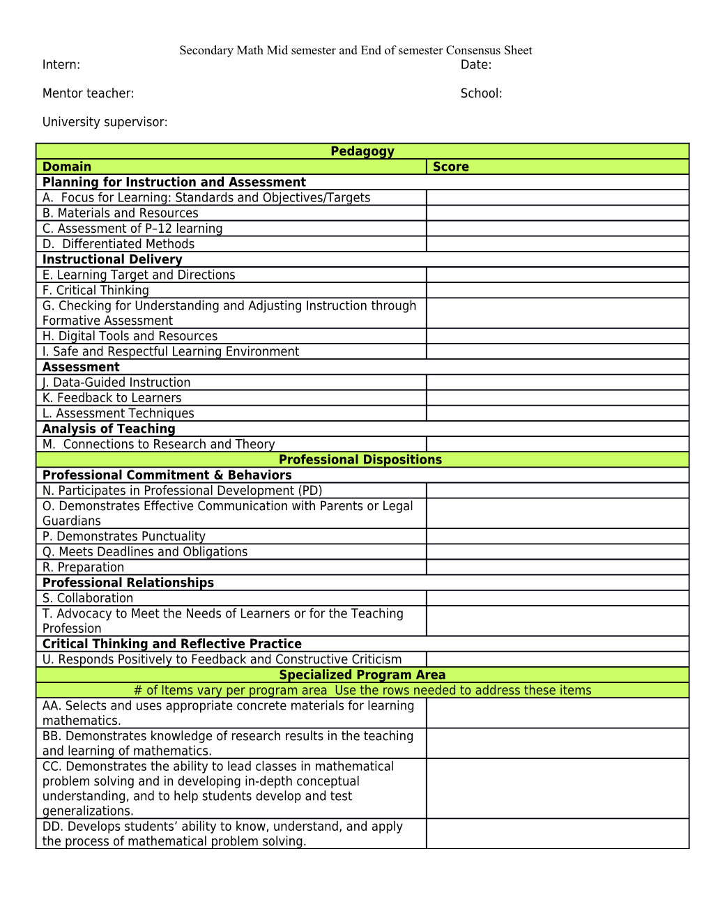 Secondary Math Mid Semester and End of Semester Consensus Sheet