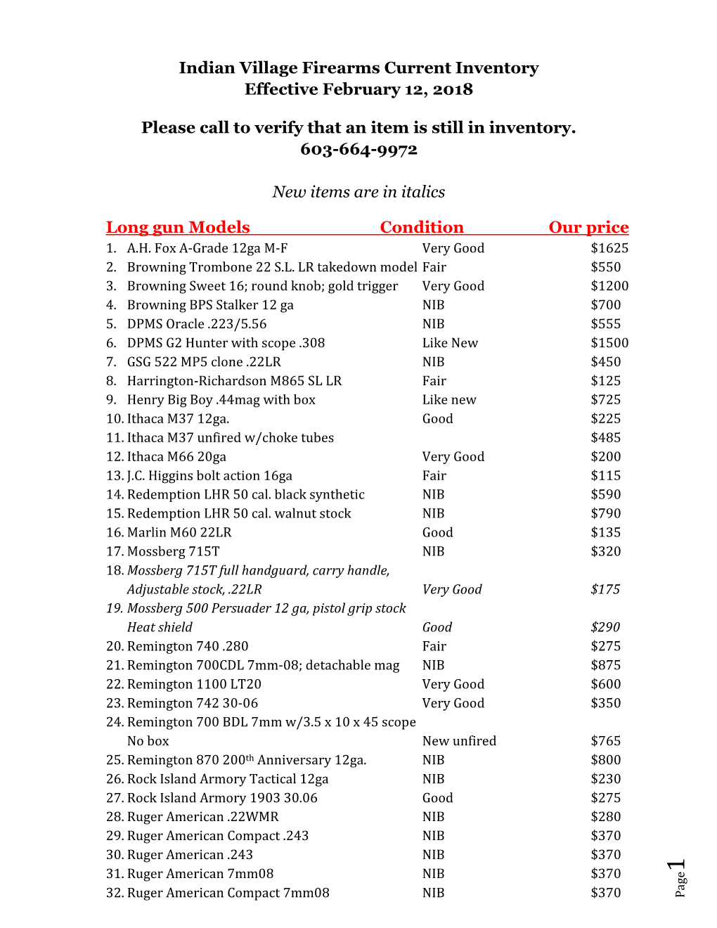 Indian Village Firearms Current Inventory Effective February 12, 2018