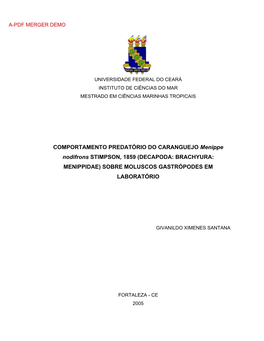 COMPORTAMENTO PREDATÓRIO DO CARANGUEJO Menippe Nodifrons STIMPSON, 1859 (DECAPODA: BRACHYURA: MENIPPIDAE) SOBRE MOLUSCOS GASTRÓPODES EM LABORATÓRIO