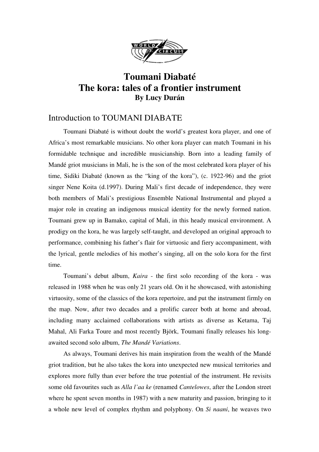 Toumani Diabaté the Kora: Tales of a Frontier Instrument by Lucy Durán