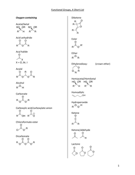 Functional Groups, a Short List 1 Oxygen-Containing Acetal/Ketal