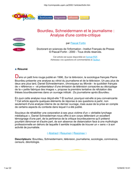 Bourdieu, Schneidermann Et Le Journalisme : Analyse D'une Contre-Critique