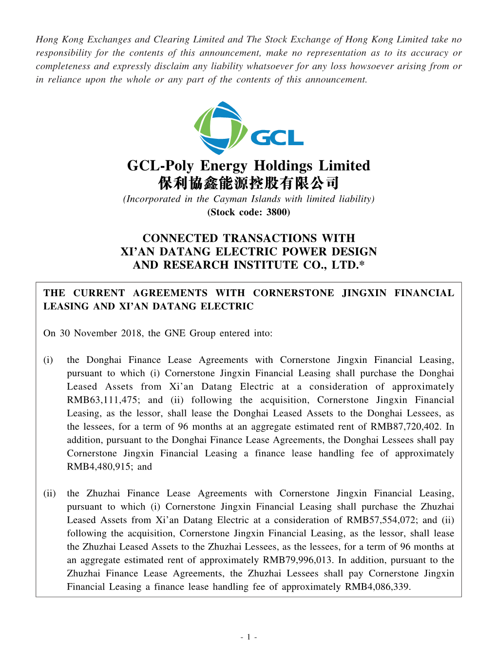 GCL-Poly Energy Holdings Limited 保利協鑫能源控股有限公司 (Incorporated in the Cayman Islands with Limited Liability) (Stock Code: 3800)