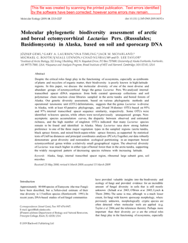 Molecular Phylogenetic Biodiversity Assessment of Arctic and Boreal Ectomycorrhizal Lactarius Pers