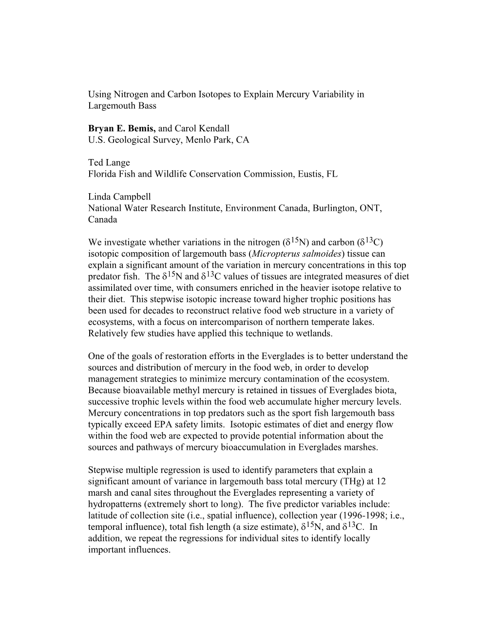 Using Nitrogen And Carbon Isotopes To Explain Mercury Variability In Largemouth Bass