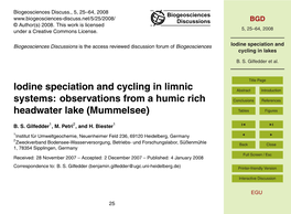 Iodine Speciation and Cycling in Lakes