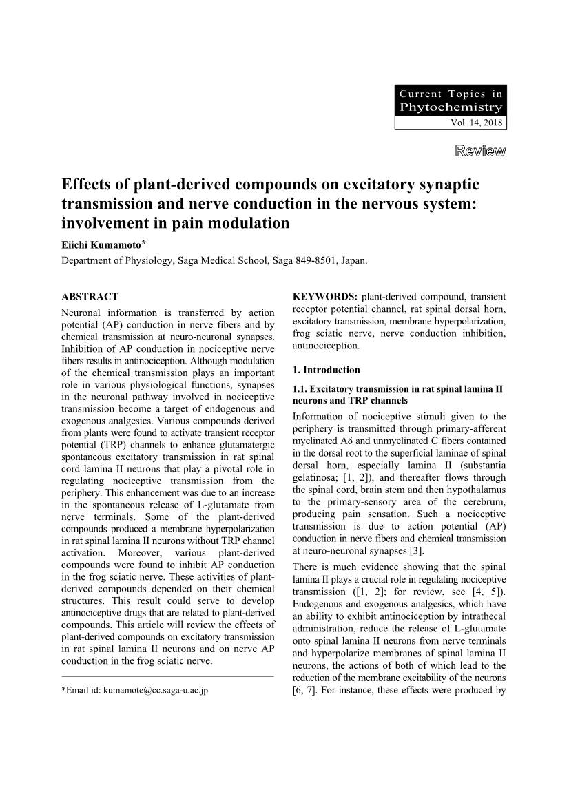 Effects of Plant-Derived Compounds on Excitatory Synaptic Transmission and Nerve Conduction in the Nervous System: Involvement I