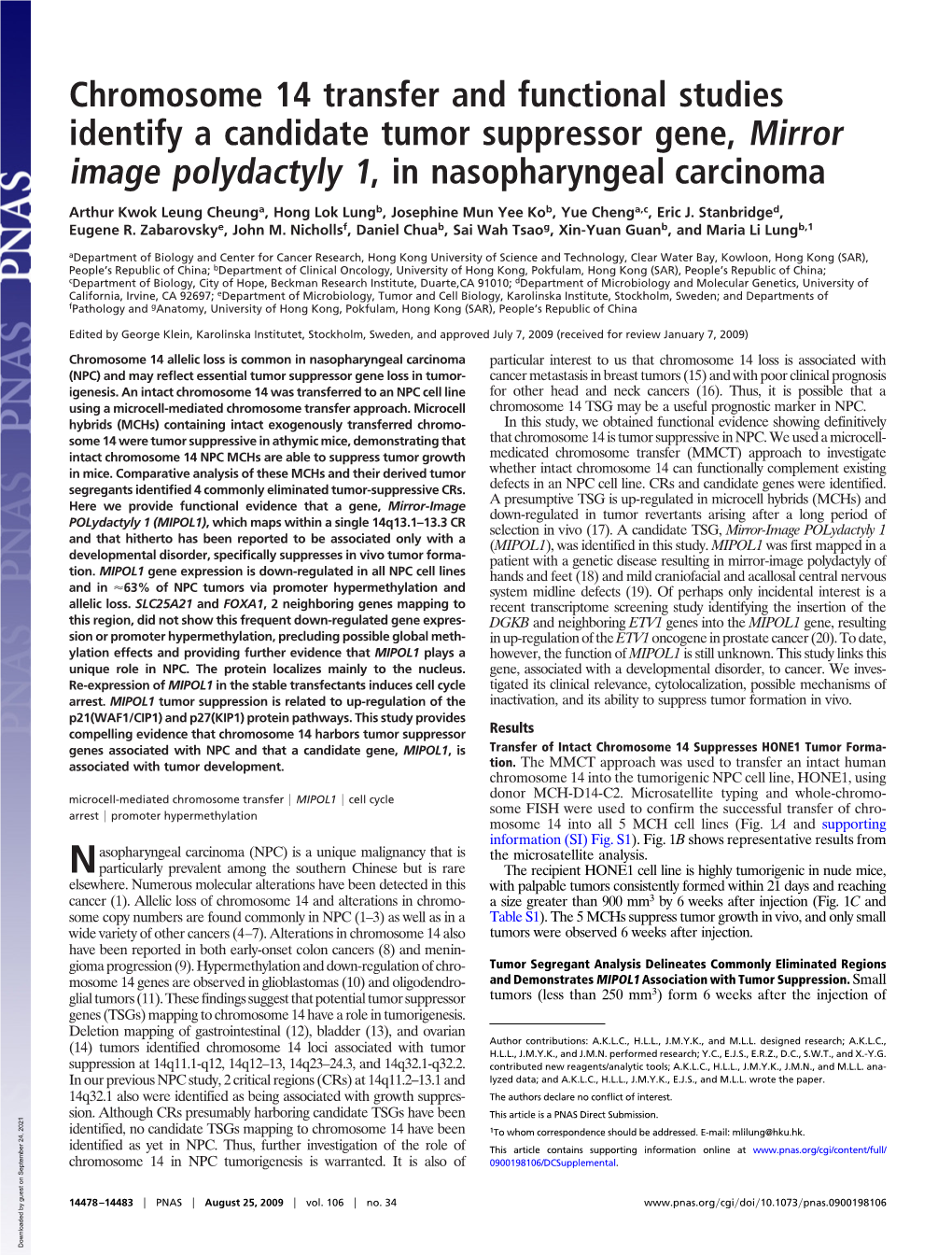 Chromosome 14 Transfer and Functional Studies Identify a Candidate Tumor Suppressor Gene, Mirror Image Polydactyly 1, in Nasopharyngeal Carcinoma