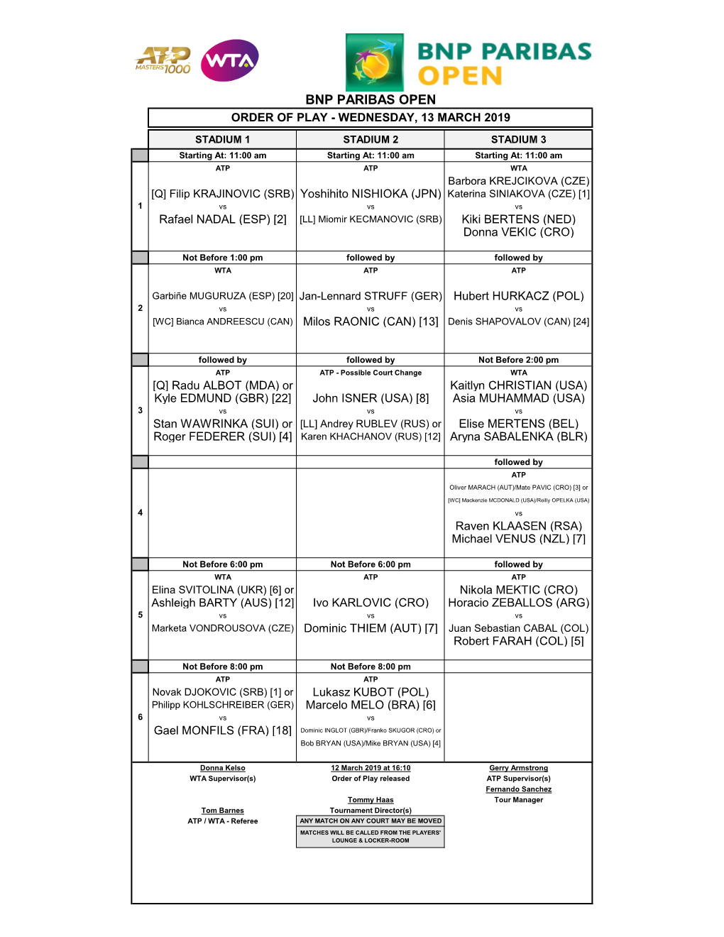 Bnp Paribas Open Order of Play - Wednesday, 13 March 2019