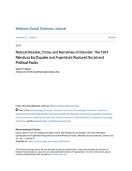 Natural Disaster, Crime, and Narratives of Disorder: the 1861 Mendoza Earthquake and Argentinaâ•Žs Ruptured Social and Polit