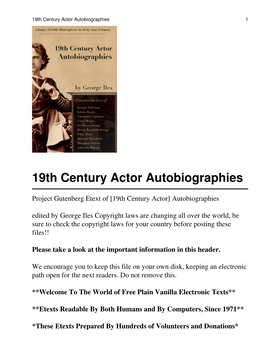 19Th Century Actor Autobiographies 1