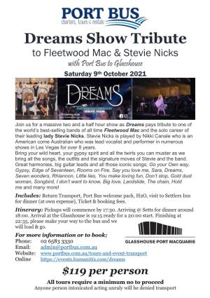 Dreams Show Tribute to Fleetwood Mac & Stevie Nicks with Port Bus to Glasshouse Saturday 9Th October 2021