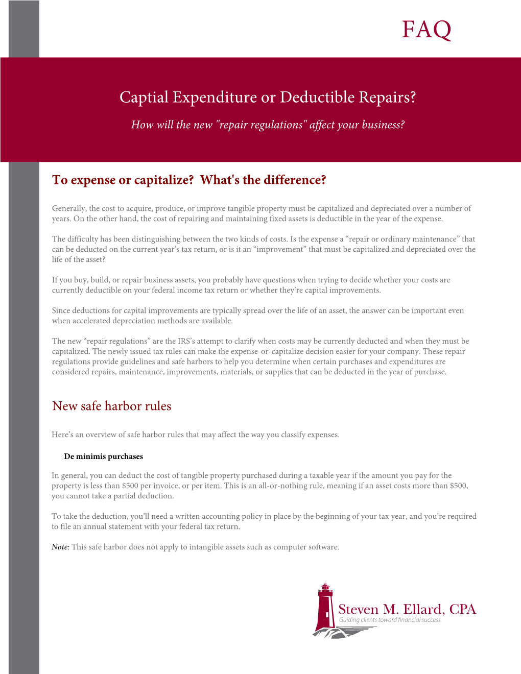 Captial Expenditure Or Deductible Repairs?