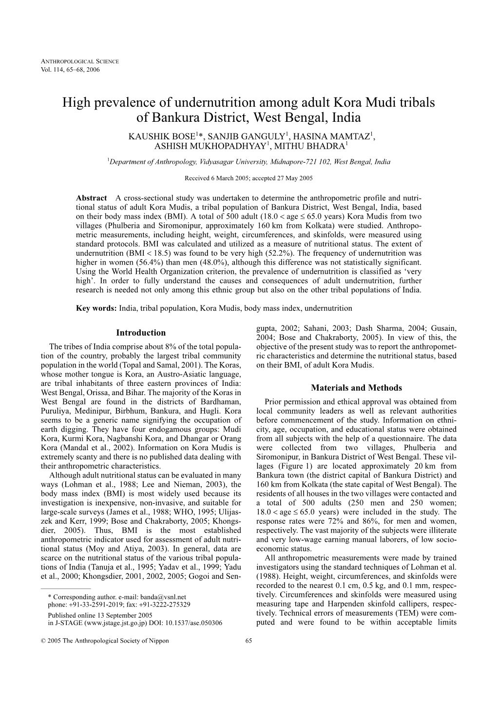 High Prevalence of Undernutrition Among Adult Kora Mudi Tribals of Bankura District, West Bengal, India